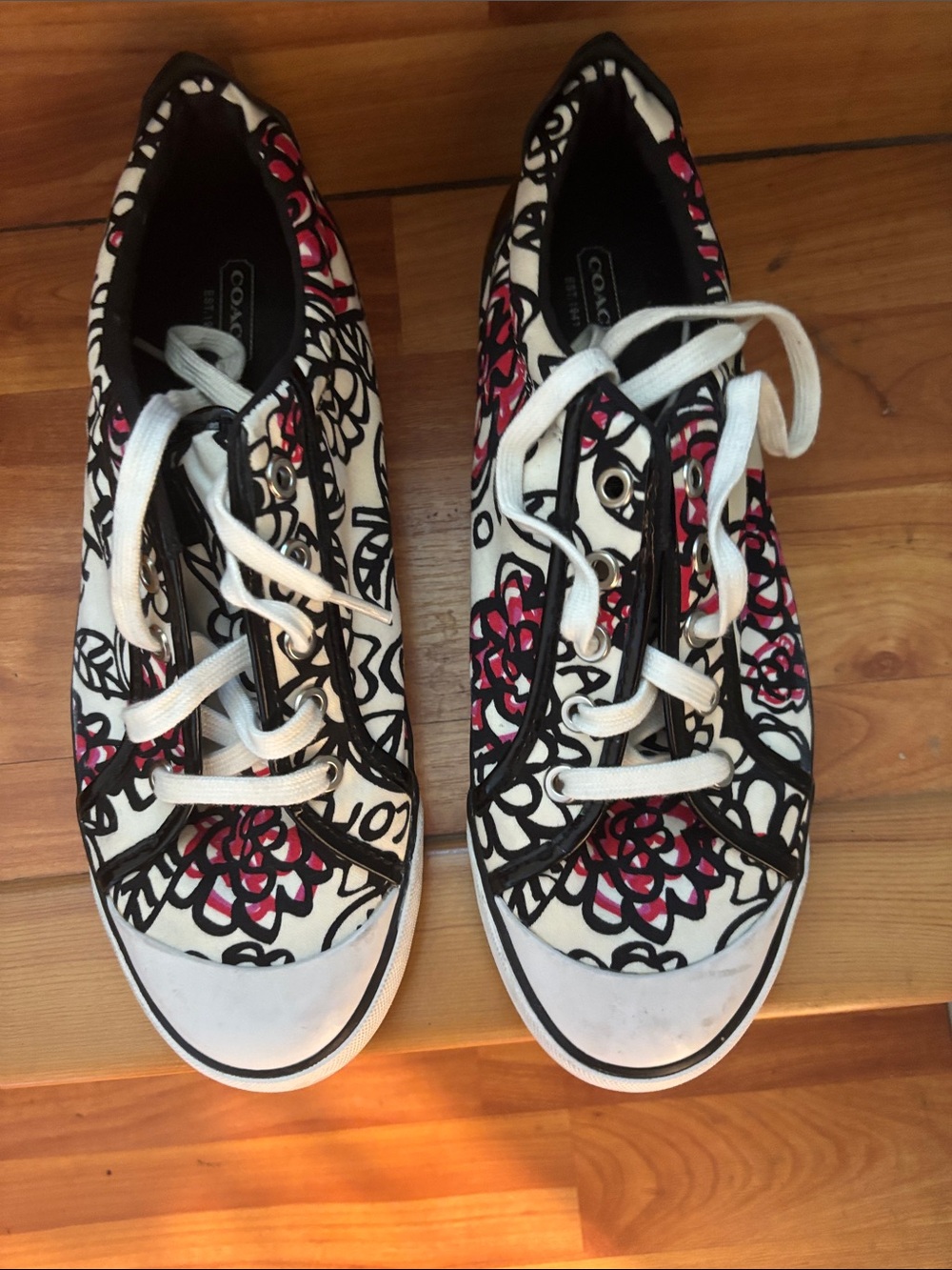 Coach Floral Canvas Lace-Up Sneakers in White, Black & Pink